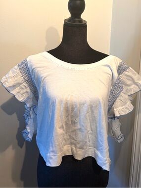 Anthropologie White Flutter Sleeve Tee with Blue Embroidered Trim